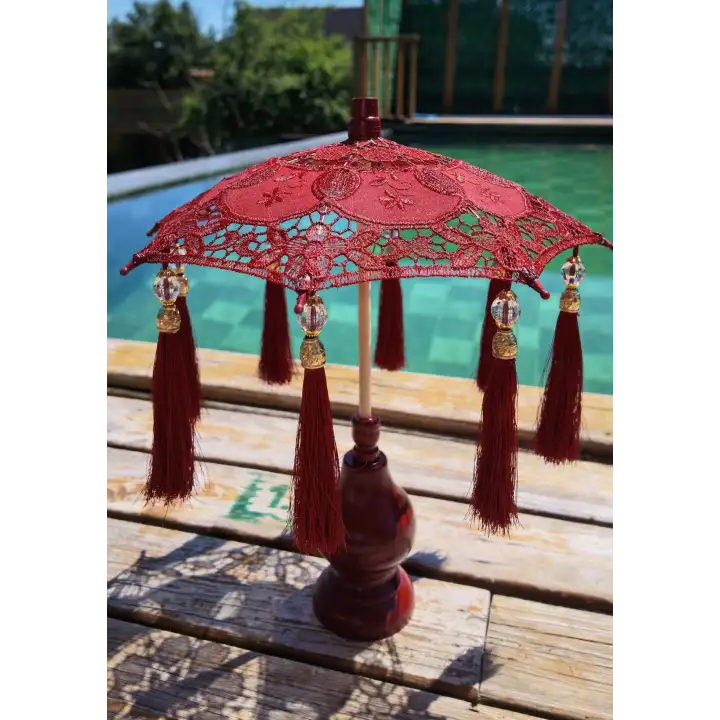 Masaüstü Otantik Bordo Dantelli Dekoratif Sunum Bali Şemsiyesi 36x30cm
