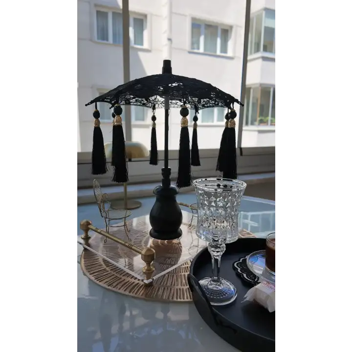Masaüstü Siyah Dantelli Dekoratif Sunum Bali Şemsiyesi