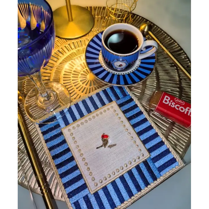 2 Adet Mavi Pip Studio Uyumlu Nakışlı Love Bird Detaylı Kokteyl Sunum Peçetesi