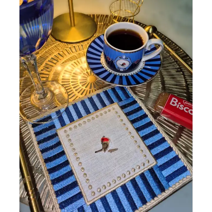 2 Adet Mavi Pip Studio Uyumlu Nakışlı Love Bird Detaylı Kokteyl Sunum Peçetesi