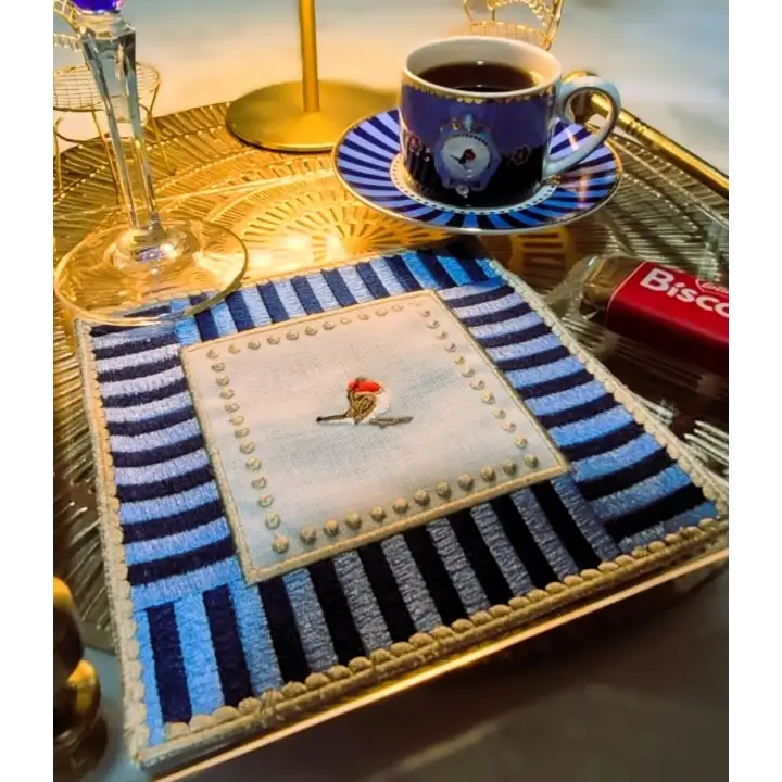 2 Adet Mavi Pip Studio Uyumlu Nakışlı Love Bird Detaylı Kokteyl Sunum Peçetesi