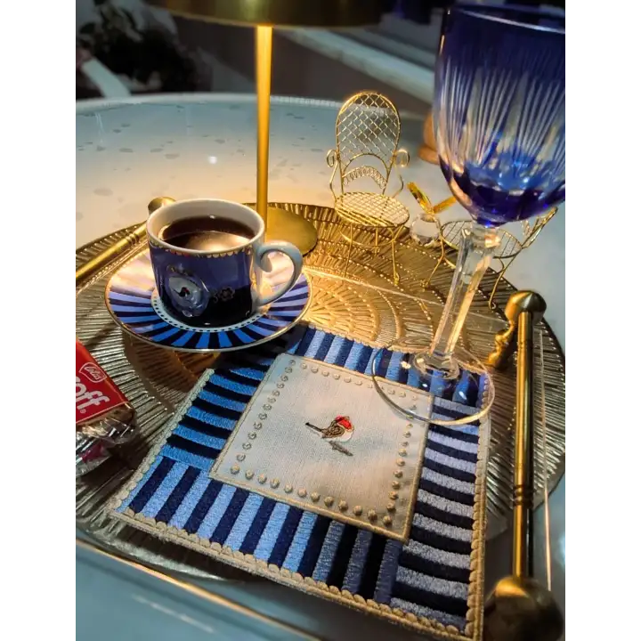 2 Adet Mavi Pip Studio Uyumlu Nakışlı Love Bird Detaylı Kokteyl Sunum Peçetesi