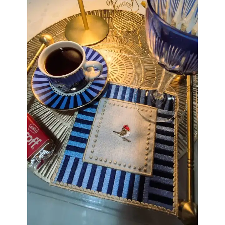 2 Adet Mavi Pip Studio Uyumlu Nakışlı Love Bird Detaylı Kokteyl Sunum Peçetesi