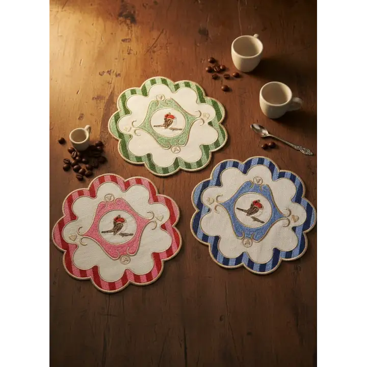 Mavi Yeşil Kırmızı 3 lü Pip Studio Uyumlu Nakışlı Kuş Detaylı Kokteyl Sunum Peçetesi Seti 15x15cm