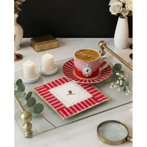 2 Adet Kırmızı Pip Studio Uyumlu Nakışlı Love Bird Detaylı Kare Kokteyl Sunum Peçetesi