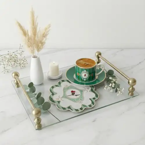 2 Adet Yeşil Pip Studio Uyumlu Nakışlı Kuş Detaylı Kokteyl Sunum Peçetesi