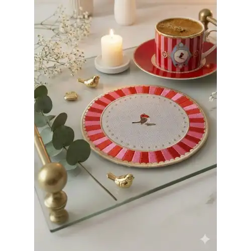 2li Nakışlı Kuş Desenli Yuvarlak Kokteyl Peçetesi - Pip Studio Uyumlu Kırmızı Sunum Peçetesi - 15 cm