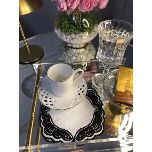 Majestik Siyah Dalgalı Nakış Peçete – 2li Set 15x15cm Premium Kokteyl Sunum Peçetesi