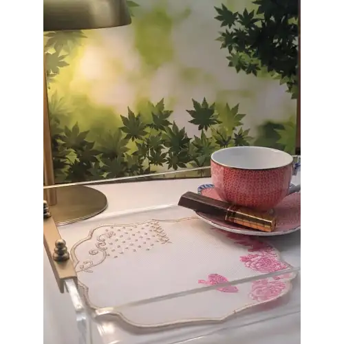 2 Adet Pip Royal Uyumlu Pembe Beyaz Nakışlı Lüks Keten Sunum Peçetesi 15x15cm