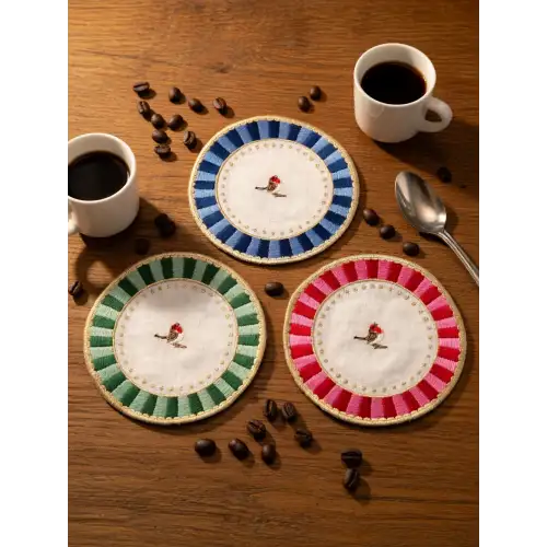 3lü Nakışlı Kuş Desenli Yuvarlak Kokteyl Peçete Seti- Pip Studio Uyumlu Mavi-Kırmızı-Yeşil Sunum Peçetesi 15x15cm