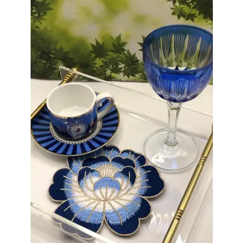 2 Adet Mavi Gül Nakışlı Sunum ve Kokteyl Peçetesi 14x13cm