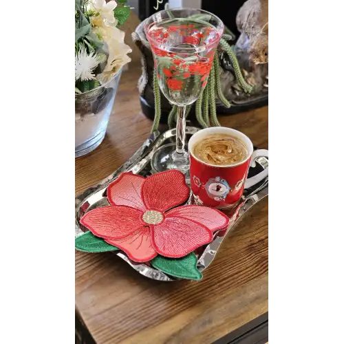 Agbtrend Kırmızı Manolya Nakışlı Sunum ve Kokteyl Peçetesi