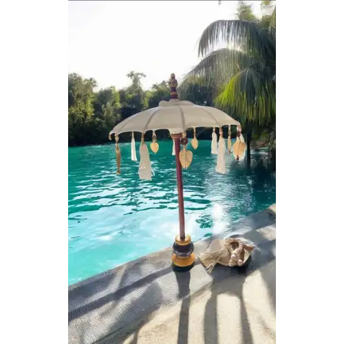 Dekoratif Bali Şemsiyesi Krem Rengi 77cm Püsküllü ve Boncuklu Bohem Dekoru