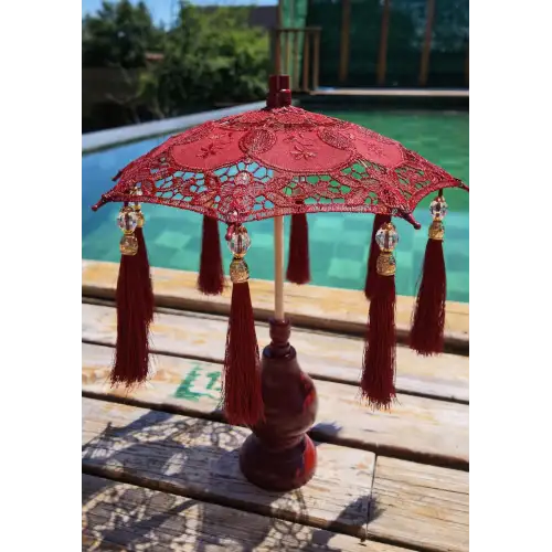 Masaüstü Otantik Bordo Dantelli Dekoratif Sunum Bali Şemsiyesi 36x30cm
