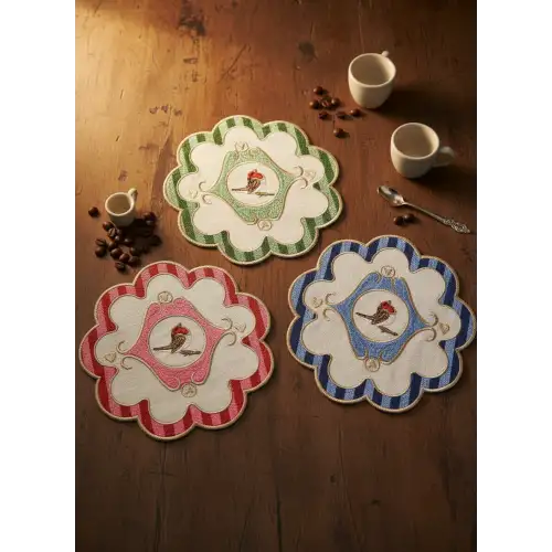 Mavi Yeşil Kırmızı 3 lü Pip Studio Uyumlu Nakışlı Kuş Detaylı Kokteyl Sunum Peçetesi Seti 15x15cm