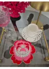 2 Adet Kırmızı Gül Nakışlı Sunum ve Kokteyl Peçetesi 14x13cm