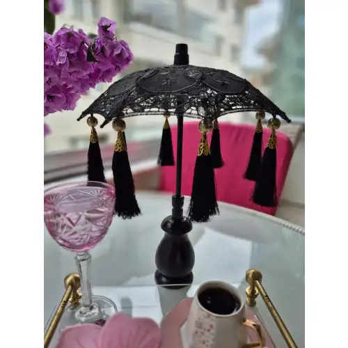 Masaüstü Siyah Dantelli Dekoratif Sunum Bali Şemsiyesi