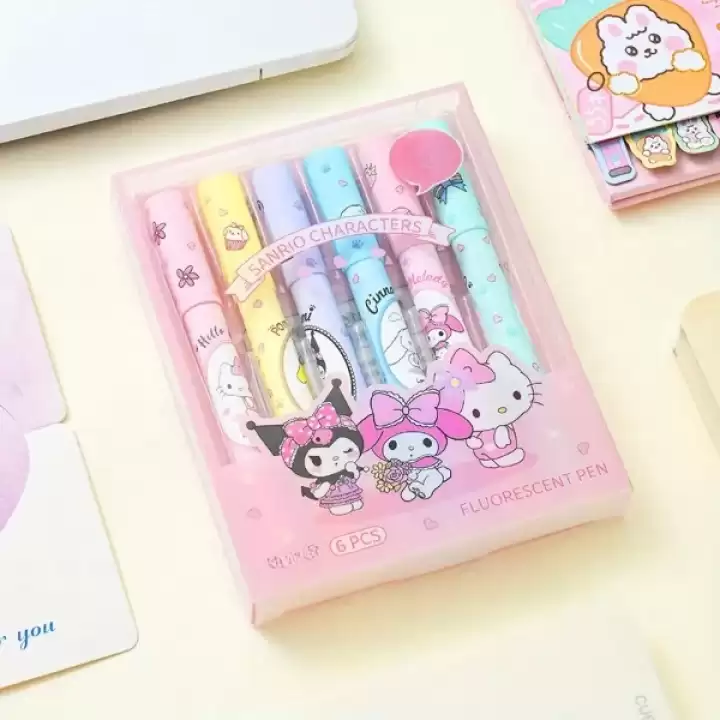 6lı Fosforlu Kalem Seti - Sanrio Karakterleri, Kuromi, Hello Kitty