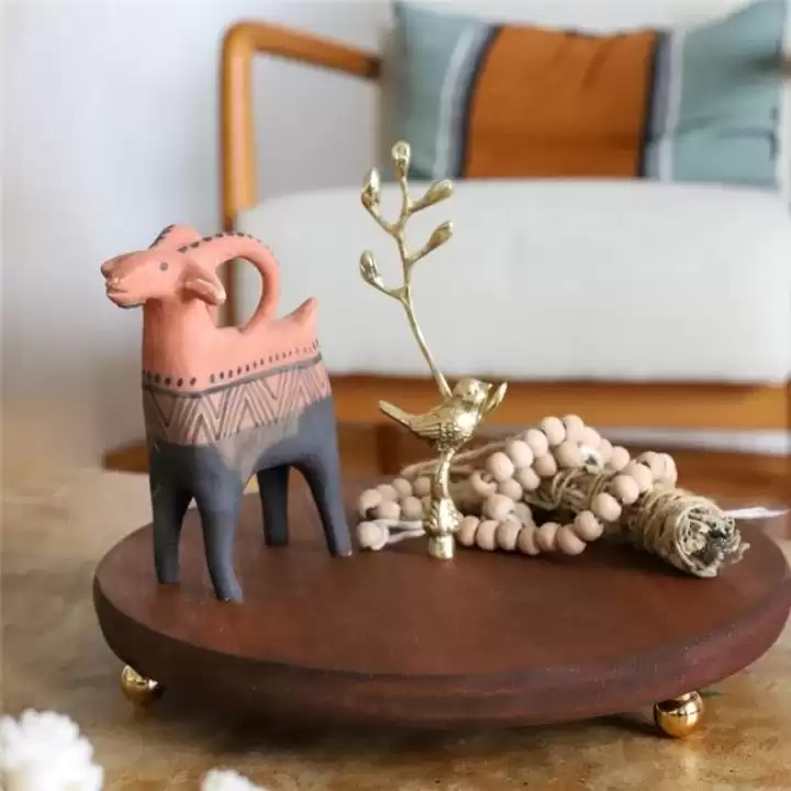 Akayev Ahşap 24 Cm Altın Boncuk Ayaklı Kuş Sunum Tabağı