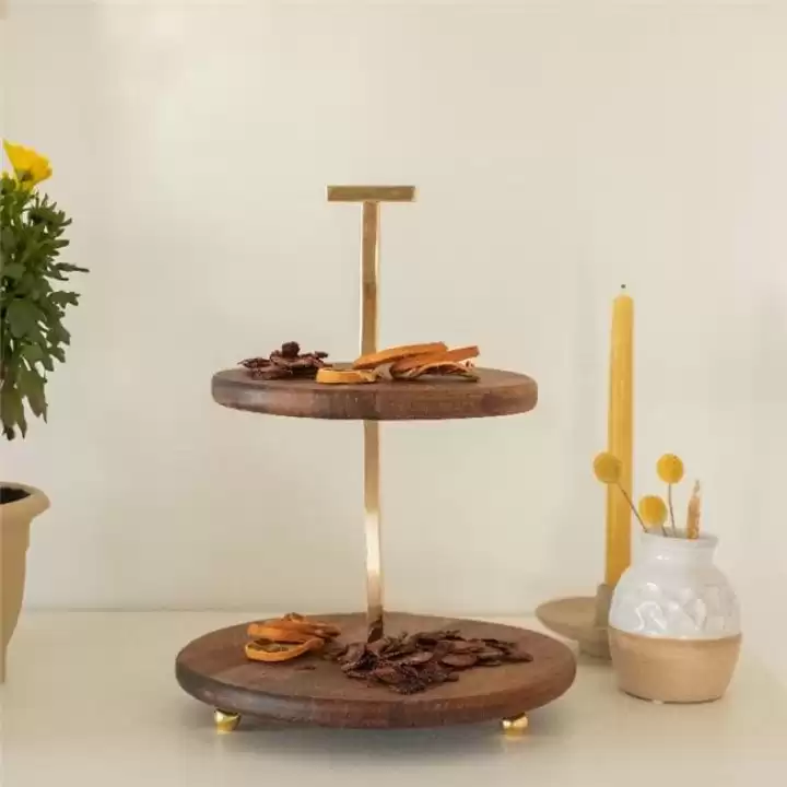 Akayev Ahşap 25 Cm Altın Boncuk Ayaklı İki Katlı Sunum Tabağı
