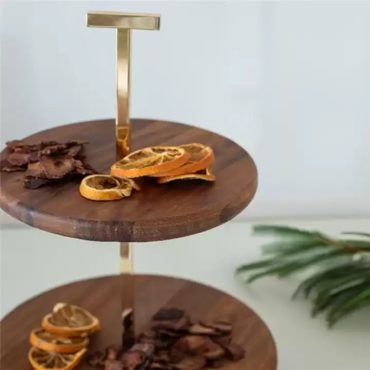 Akayev Ahşap 25 Cm Altın Boncuk Ayaklı İki Katlı Sunum Tabağı