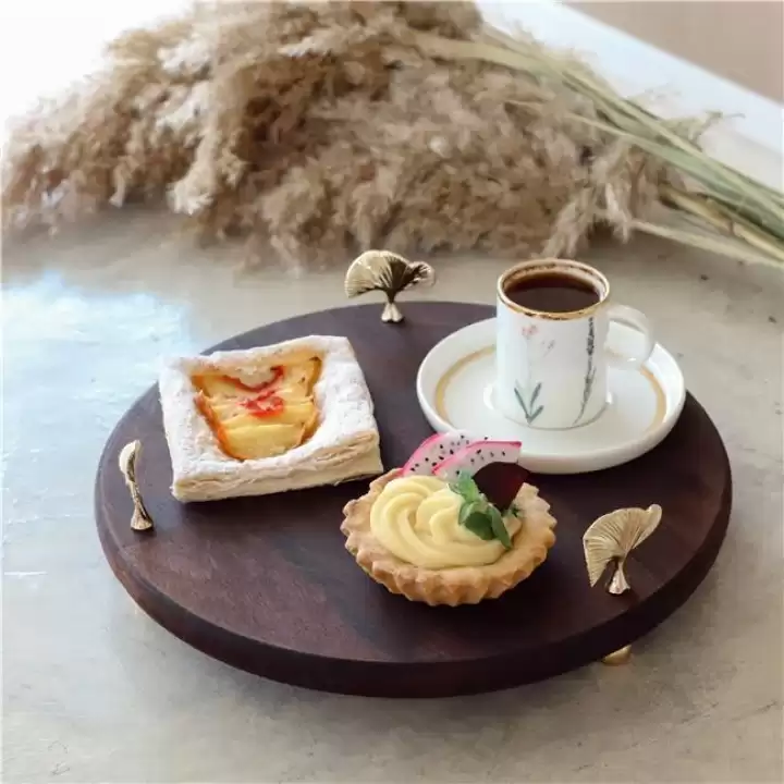 Akayev Ahşap 28 Cm Altın Ayak Ginkgo Yuvarlak Sunum Tabağı