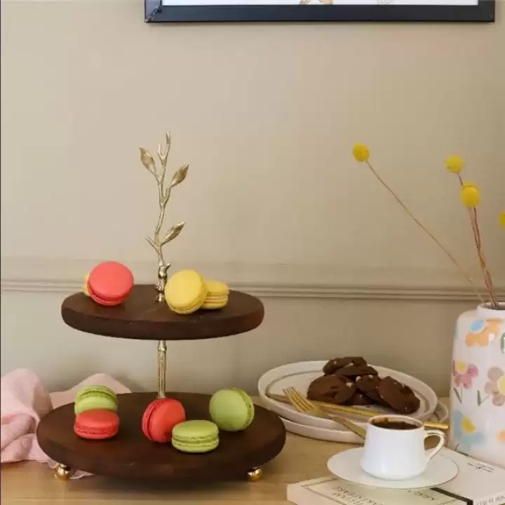 Akayev Ahşap Altın Boncuk Ayaklı İki Katlı Dal Sunum Tabağı