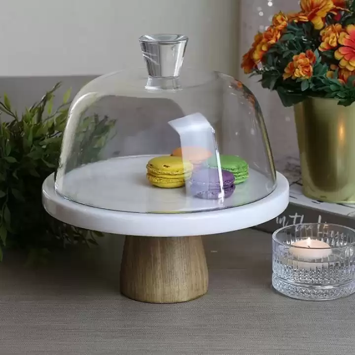 Akayev Mermer 25 Cm Ahşap Konik Ayaklı Kalın Beyaz Cam Fanus