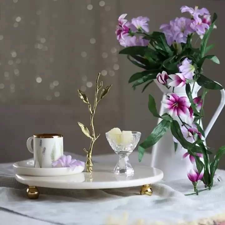 Akayev Mermer 25 Cm Beyaz Altın Boncuk Dal Sunum Tabağı