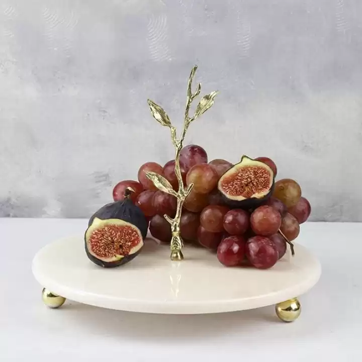 Akayev Mermer 25 Cm Beyaz Altın Boncuk Dal Sunum Tabağı