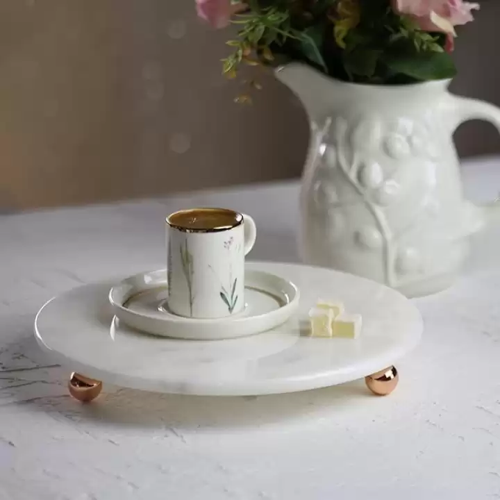 Akayev Mermer 25 Cm Rose Gold Boncuk Ayaklı Beyaz Yuvarlak Sunumluk