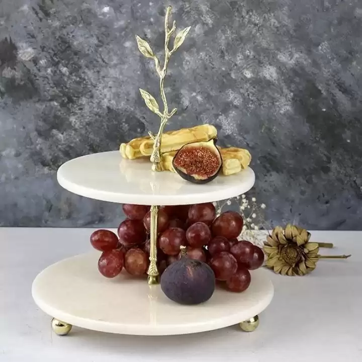 Akayev Mermer Altın Boncuk Ayaklı İki Katlı Dal Sunum Tabağı