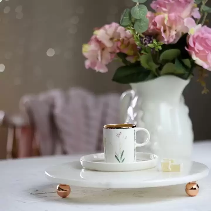 Akayev Mermer Beyaz 19 cm Rose Gold Boncuk Ayaklı Kahve Sunumluk - Yağ ve Takı Standı