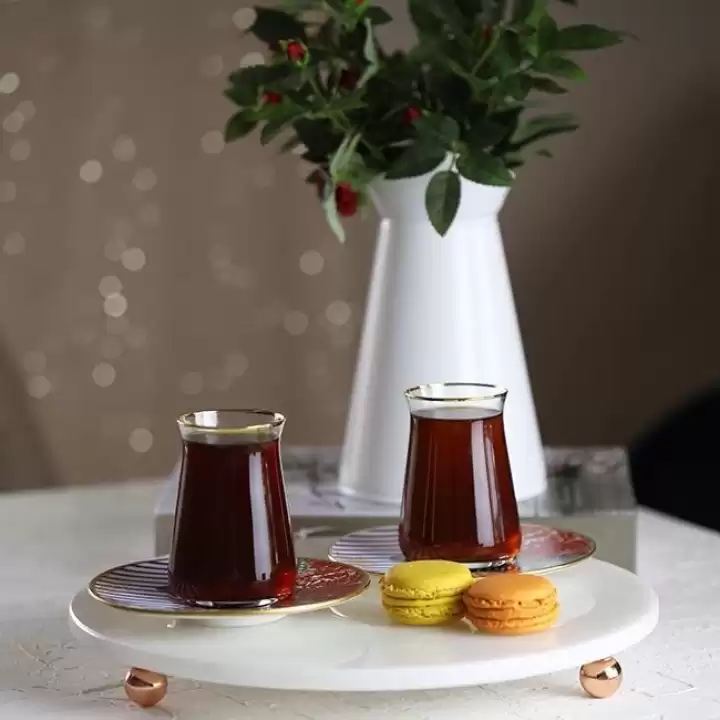 Akayev Mermer Beyaz 30 Cm Rose Gold Boncuk Ayaklı Yuvarlak Sunumluk