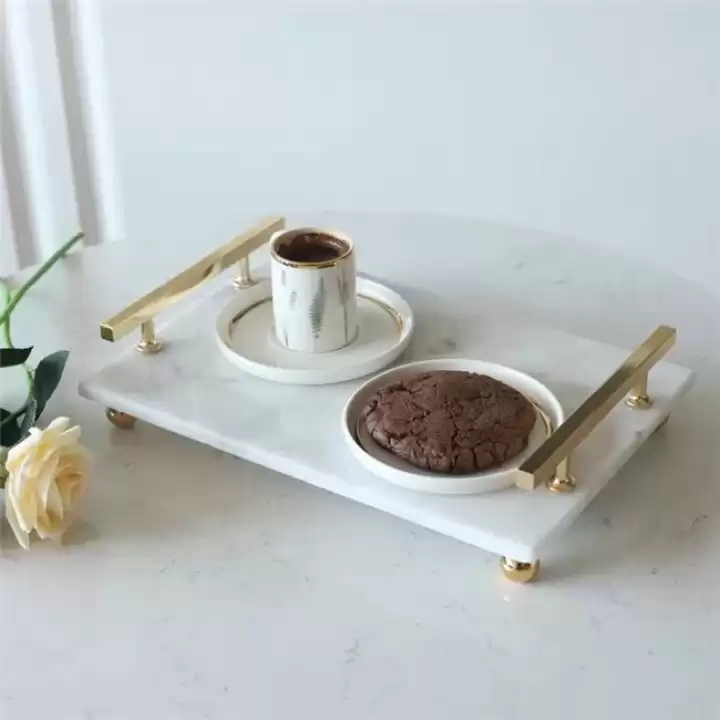 Akayev Mermer Beyaz Altın Boncuk Ayak Florya 35x25 cm Tepsi