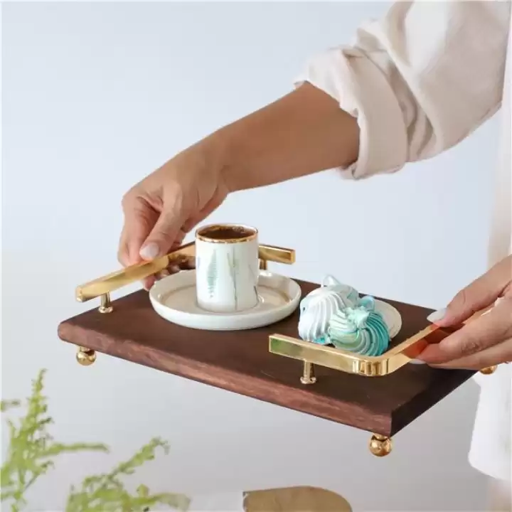 Akayev Ahşap Altın Boncuk Ayaklı L Dizayn 30x19 cm Tepsi