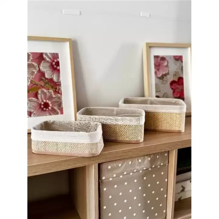 Akayev Beige Hasır 3Lü Dikdörtgen Sepet