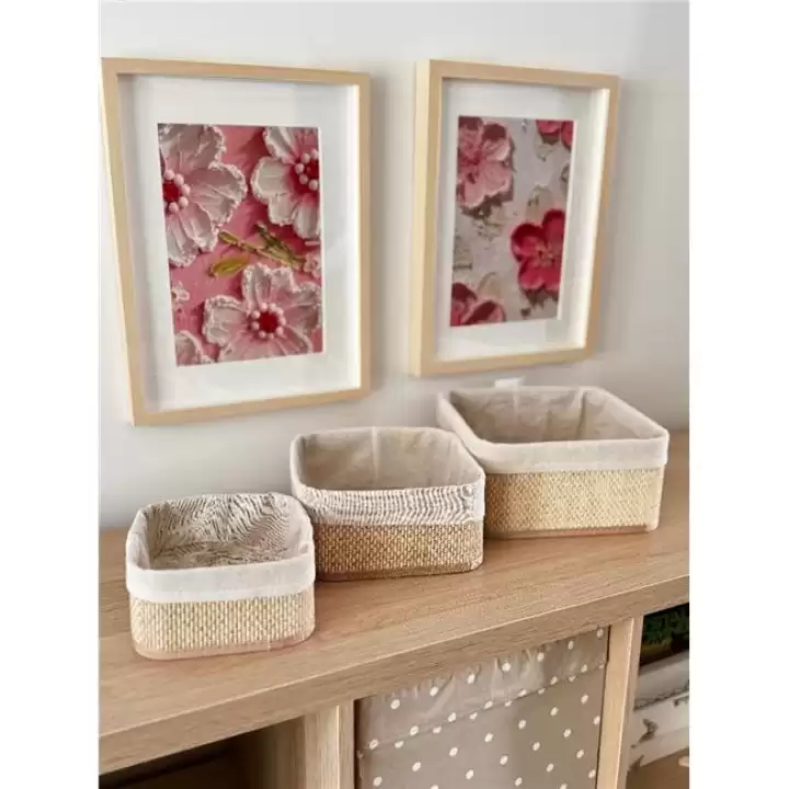 Akayev Beige Hasır 3Lü Kare Sepet