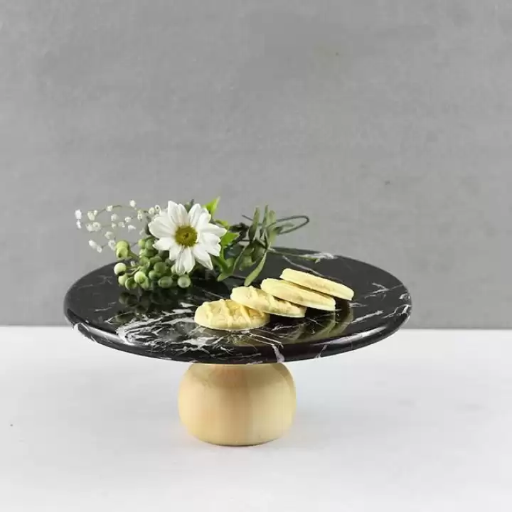 Akayev Mermer 25 Cm Ahşap Ayaklı Siyah Yuvarlak Sunum Tabağı