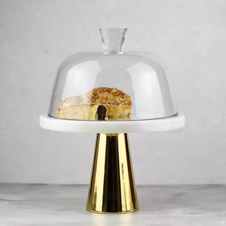 Akayev Mermer 25 Cm Altın Konik Ayak Beyaz Kalın Cam Fanus