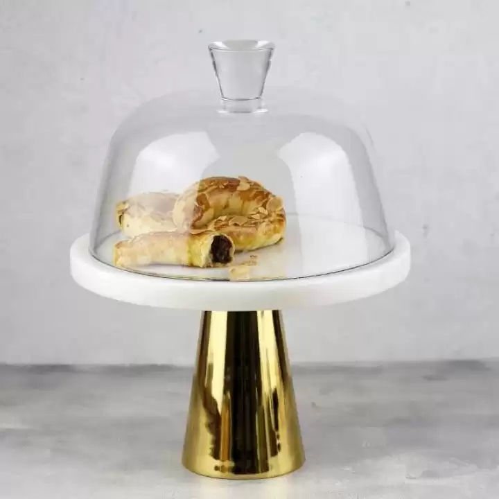 Akayev Mermer 25 Cm Altın Konik Ayak Beyaz Kalın Cam Fanus