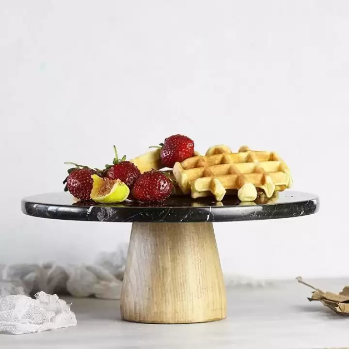 Akayev Mermer 25 Cm Konik Ahşap Ayaklı Siyah Yuvarlak Sunum Tabağı