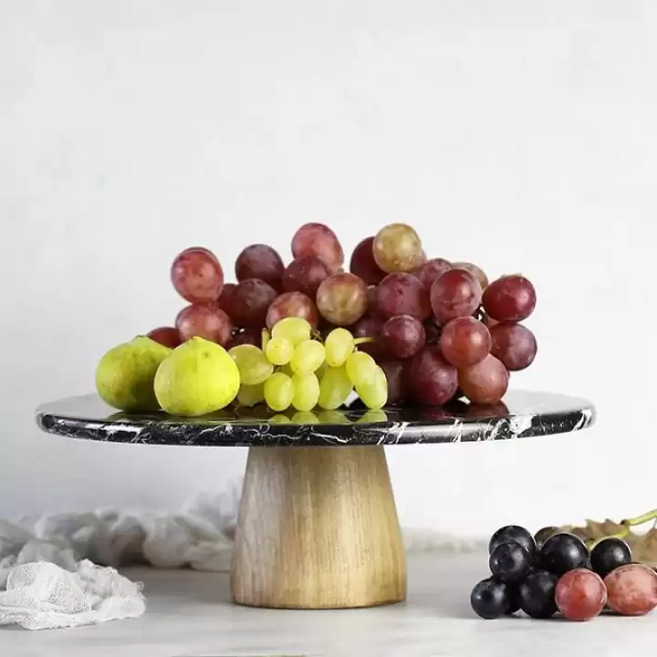 Akayev Mermer 28 Cm Ahşap Konik Ayaklı Siyah Yuvarlak Sunum Tabağı