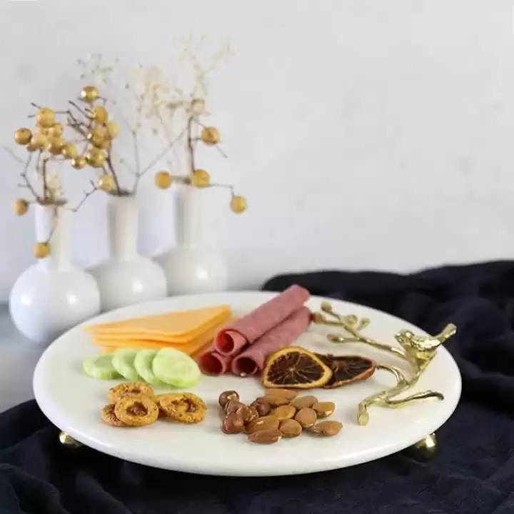 Akayev Mermer 28 Cm Beyaz Altın Boncuk Ayaklı Kuş Sunum Tabağı