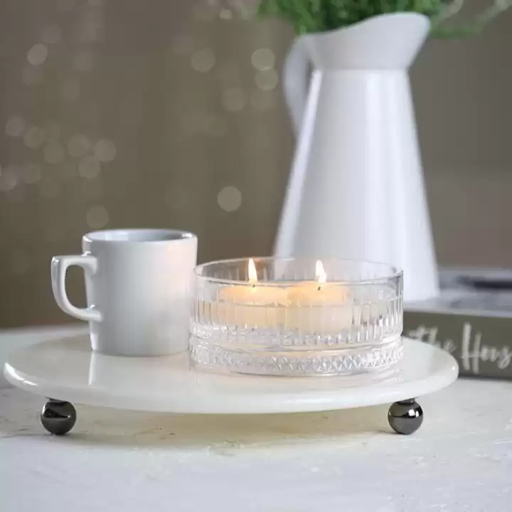 Akayev Mermer 28 Cm Füme Boncuk Ayaklı Beyaz Yuvarlak Sunumluk