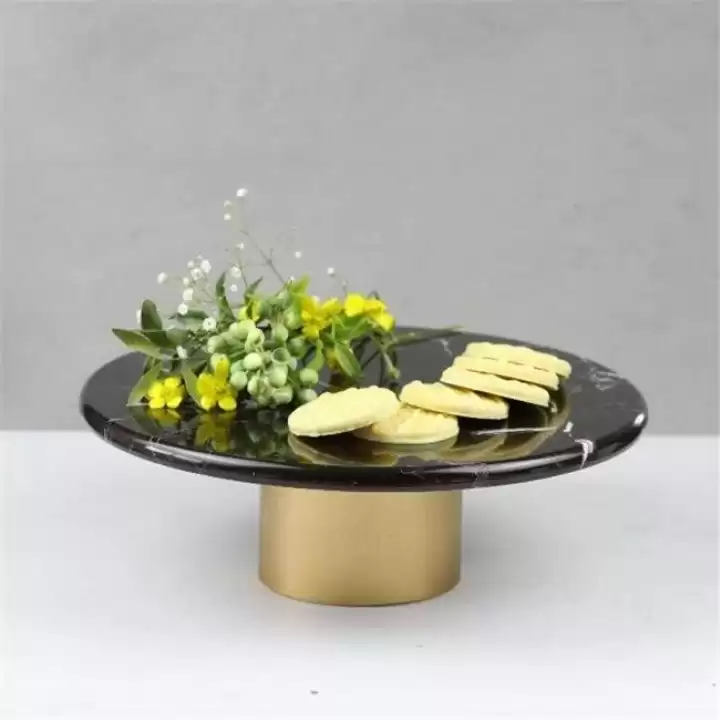 Akayev Mermer 28 Cm Metal Ayaklı Siyah Yuvarlak Sunum Tabağı