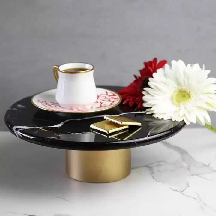 Akayev Mermer 28 Cm Metal Ayaklı Siyah Yuvarlak Sunum Tabağı