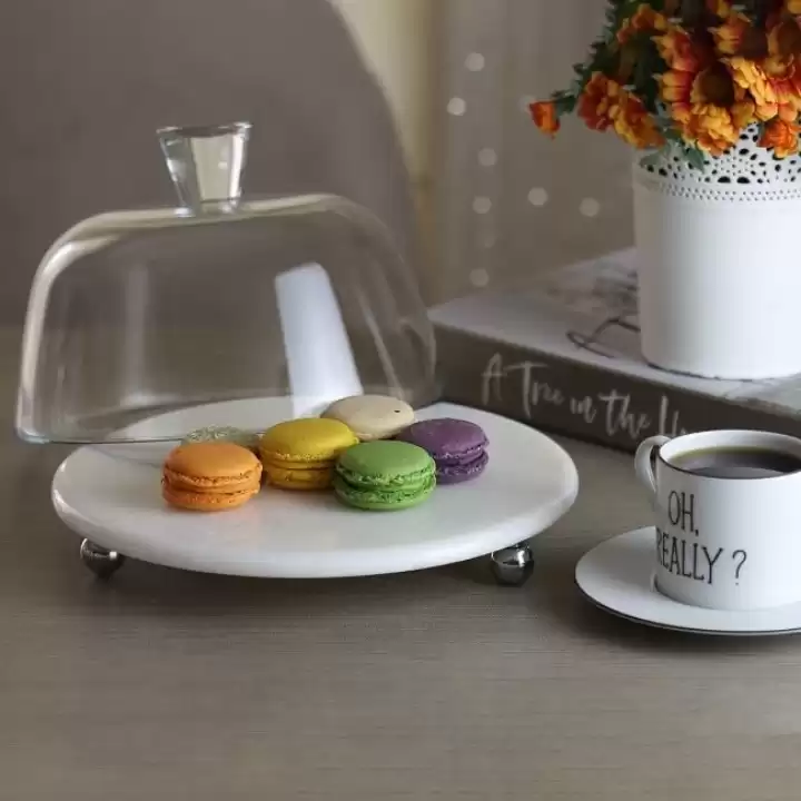 Akayev Mermer Beyaz 25 Cm Gümüş Boncuk Ayak Cam Fanus