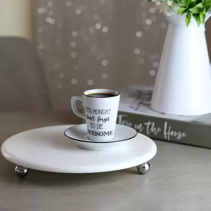 Akayev Mermer Beyaz 25 Cm Gümüş Boncuk Ayak Yuvarlak Sunumluk