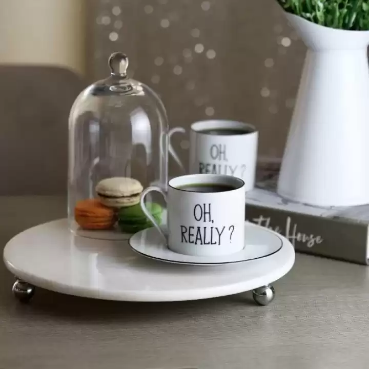 Akayev Mermer Beyaz 28 Cm Gümüş Boncuk Ayak Yuvarlak Sunumluk